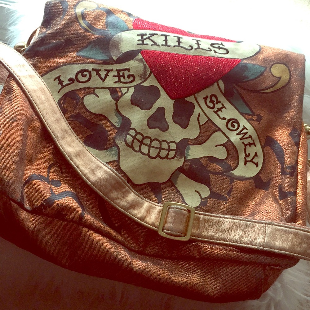 Ed Hardy Copper Metallic Handbag with Rhinestones